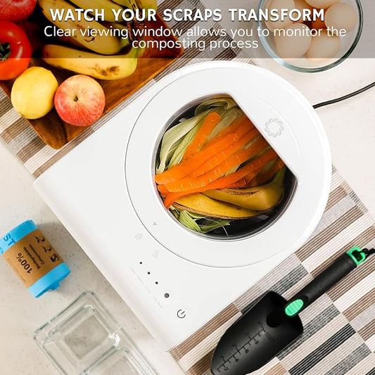 Airthereal Revive R500-V Electric Kitchen Composter with Visual Cover, Upgraded SHARKSDENยฎ Tri-Blade, Turn Food Waste and Scraps into Dry Natural Fertilizer for Plants, Pearl White