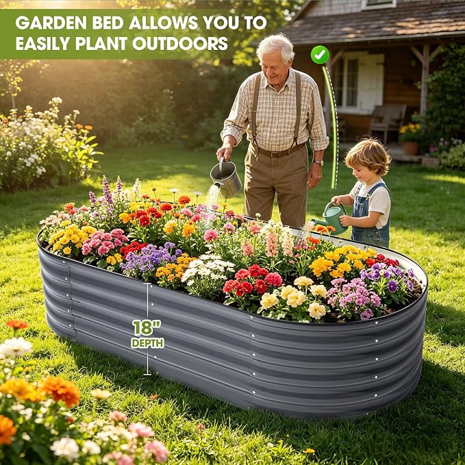 6x3x1.5ft Galvanized Raised Garden Bed Outdoor, 18'' Oval Large Metal Planter Garden Boxes for Gardening, Planting Deep Root Vegetables, Herbs, Fruits, Flower, Rustproof, Rubber Strip, Gray