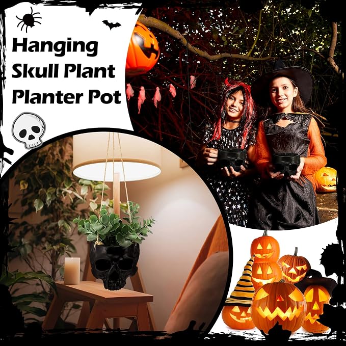 2 Pack Hanging Skull Planter Pot with Ropes Gothic Skeleton Plant Pot Skull Candy Bowl for Succulent Plants Flowers Horror Head Wall Decoration (Black)