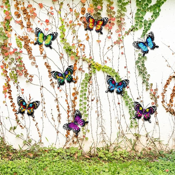 8 Pack Metal Butterfly Wall Decor, 6.7" 3D Outdoor Fence Wall Art Decor, Butterflies Wall Sculpture Hanging Decorations for Garden Yard Living Room Bedroom Patio Balcony, Gifts for Mom Friends