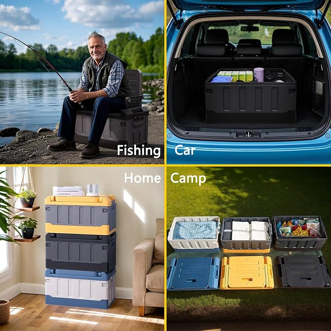 Versatile Foldable Seatable Camping Box Car Organizer Heavy Duty Storage Bins With Lids Box Trunk Chuck, Durable Plastic, 60L Can Store Camping Equipment in Large Capacit(black grey)