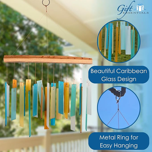 Caribbean Beach Glass Driftwood Wind Chime, Coastal Decor, 11 Inch | Turquoise Beach Colors; Driftwood Accent; Tropical Coastal Decor; Handcrafted Chime