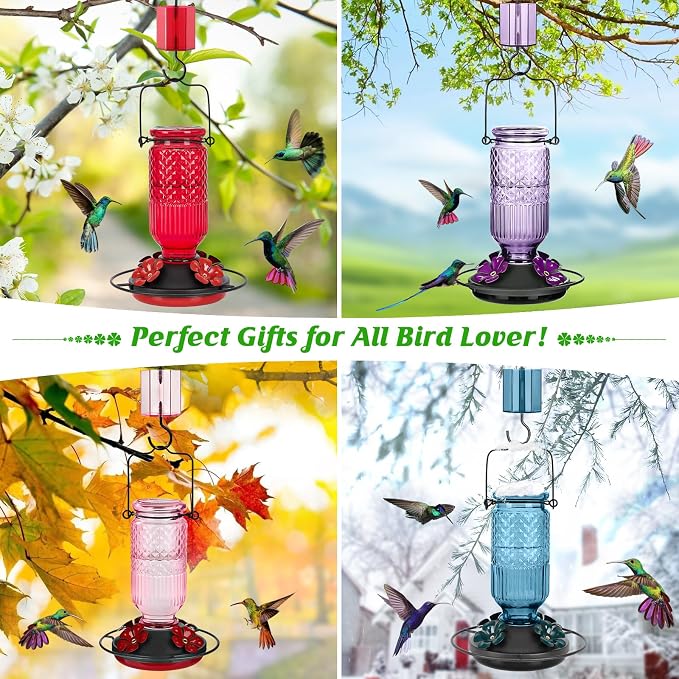 FEED GARDEN Glass Hummingbird Feeder for Outdoors Hanging, 16 oz Leak-Proof Nectar Feeder with Bee Guards & Ant Moat, 4 Metal Flower Feeding Ports, 360° Perch Ring, Easy Refill & Clean, Purple