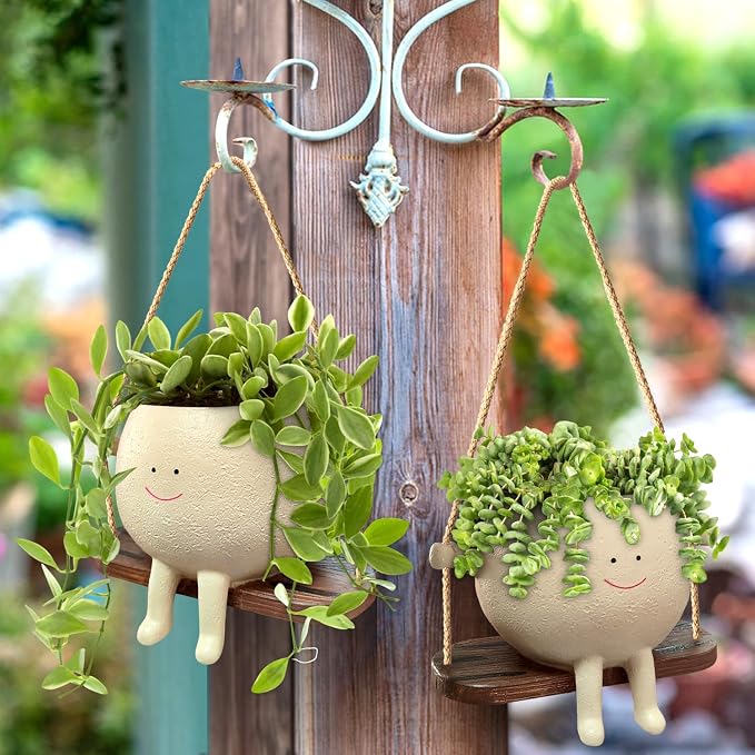 Swing Face Planter Pot Hanging Resin Flower Head Planters for Indoor and Outdoor Plants, Succulent Pots for String of Pearls Plant - Ideal Gifts for Mother's Day and Christmas (Medium)
