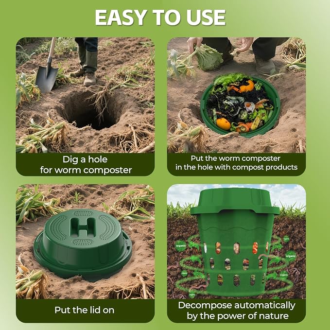 2-Pack Inground Worm Composter, 8L Outdoor Worm Farm, Worm Compost Bin for Garden Beds & Home Use, Vermicomposting Bin for Recycling Food Waste (9.5x9.5x10.8Inch), Green