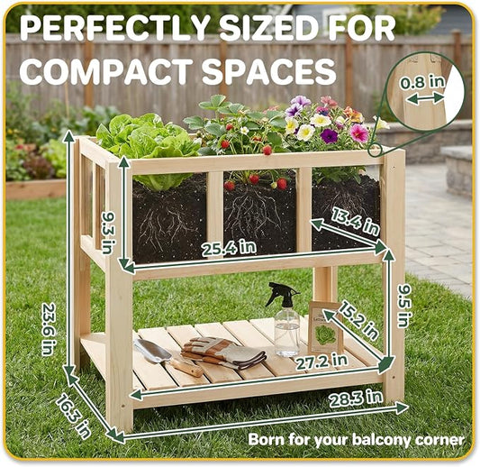 Raised Garden Bed for Small Balcony, 28.3''x16.3''x23.6'' Wood Planter Box with Transparent Window, Drainage Holes, Storage Shelf, Garden Beds Flower Stand Patio Kitchen, Gift for Gardening