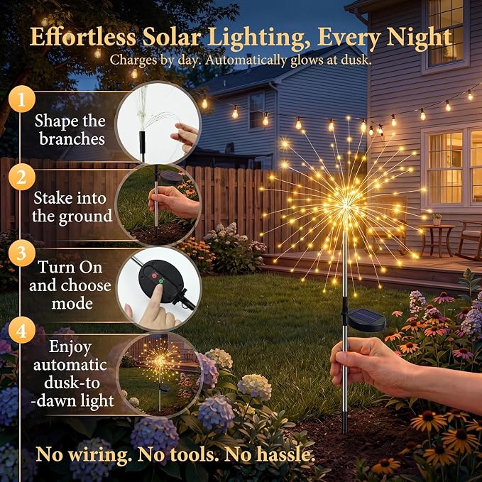 Solar Firework Lights, 8 Pack 120 LEDs 8 Lighting Modes Solar Fairy Garden Lights Outdoor Waterproof for Yard Patio Walkway Pathway Party Wedding Balcony Decorative- Warm White