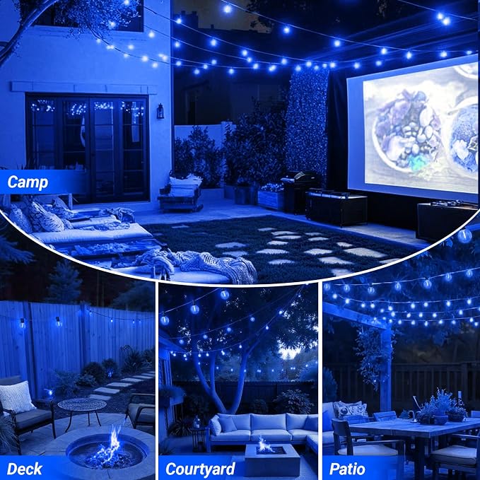 LAMPHOME LED Outdoor String Light, 26Feet Patio Lights with12+1Edison Shatterproof Bulbs(1Spare), UL Waterproof Outside Lights connectable Dimmable for Backyard Porch Decor,Blue