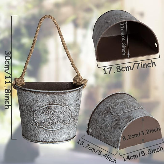 XONOR 4Pcs Galvanized Metal Hanging Wall Planter, Rustic Wall Flower Vase for Succulents Herbs Country Home Farmhouse Decoration (2)