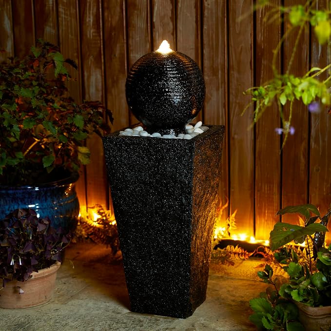 Glitzhome Outdoor Water Fountain with LED Light & Pump, Black Pedestal Sphere Fountain Decorative Water Fountains, Modern Waterfall Floor Fountain with Pebbles for Garden Patio Decor Porch, 31.75”H