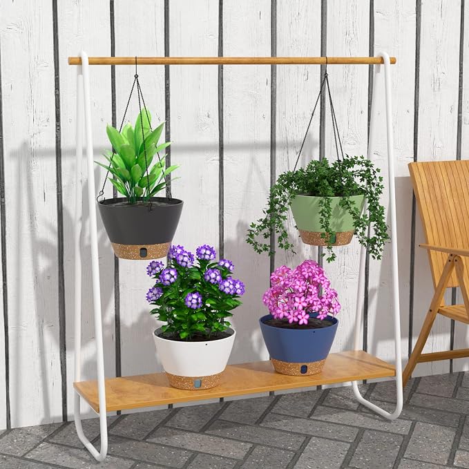 ZMTECH 2 Pack 10 Inch Hanging Baskets for Plants Outdoor Indoor, Modern Blue Planters with Water Level Window & Metal Chain for Balcony Patio Garden Home Decor