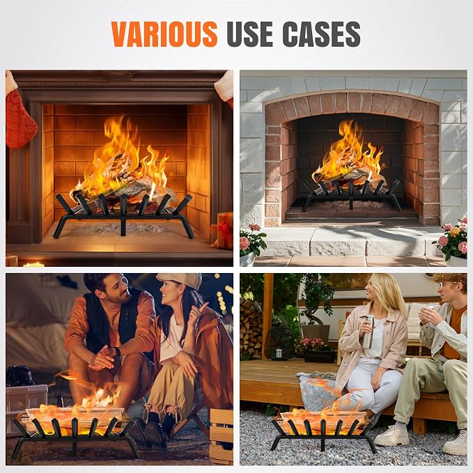 INNO STAGE Fireplace Grates with Ember Retainer - 24 Inch Fireplace Log Grate, Wood Stove Grate, Firewood Wood Log Holder Rack,Inside Wrought Cast Iron Fire Grate for Hearth Indoor Outdoor Camping