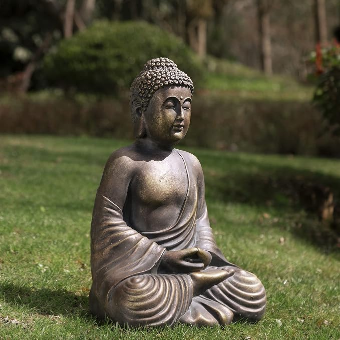 Glitzhome 19-inch Zen Meditation Buddha Garden Statue, Bronze Indoor and Outdoor Sculpture, Hand-Finished MGO & Fiberglass Decor for Home Patio Yard