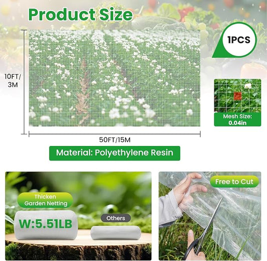 Garden Netting, 10x50Ft Thicken Ultra Fine Mesh Insect Netting, Garden Netting for Raised Beds, Greenhouse Row Cover Barrier for Birds Animals, Garden Mesh Netting for Vegetable Flowers Fruits