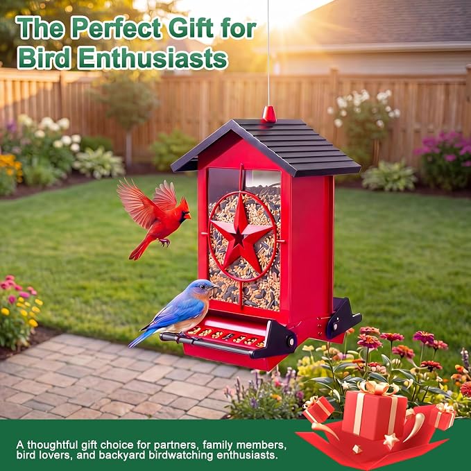Squirrel Proof Bird Feeders for Outdoors with Weight-Activated, Metal 5LB Large Wild Bird Feeders for Cardinals,Blue Jay,Finch, Weatherproof Durable Hanging Bird Feeder for Backyard,Garden (Red)
