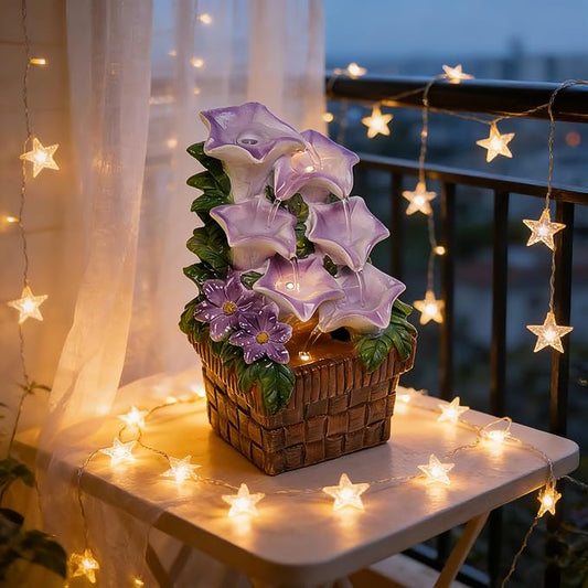Tabletop Water Fountain Purple Water Fountains Indoor Morning Glory Themed Lavender Desk Fountain with Light for Home Heavenly Blue Zen Water Fountain for Room Relaxation Meditation(Lavender)