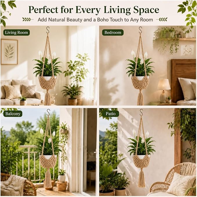 Shappy 3 Pack Boho Macrame Plant Hanger, Large Hanging Planter Plant Holder Pot Hanger Hanging Basket Wall Planters, Plants Lover Gift for Indoor Garden (Spiral Knot,Jute Color)