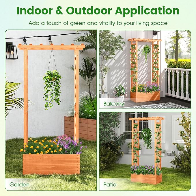 HAPPYGRILL Raised Garden Bed with Trellis, Wood Elevated Garden Bed with Hanging Roof, Planter Box, Drainage Holes for Climbing Plants, Flowers, Vegetables, 31" L x 14" W x 60" H