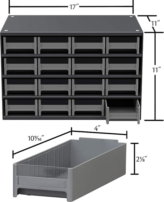 Akro-Mils Steel Garage Storage Cabinet, Small Parts Organizer Metal Cabinet for Hardware, Nails, Screws, Bolts, Nuts, and More, 17" W x 11" D x 11" H, 16-Drawer, Gray Cabinet/Black Drawers (19416)