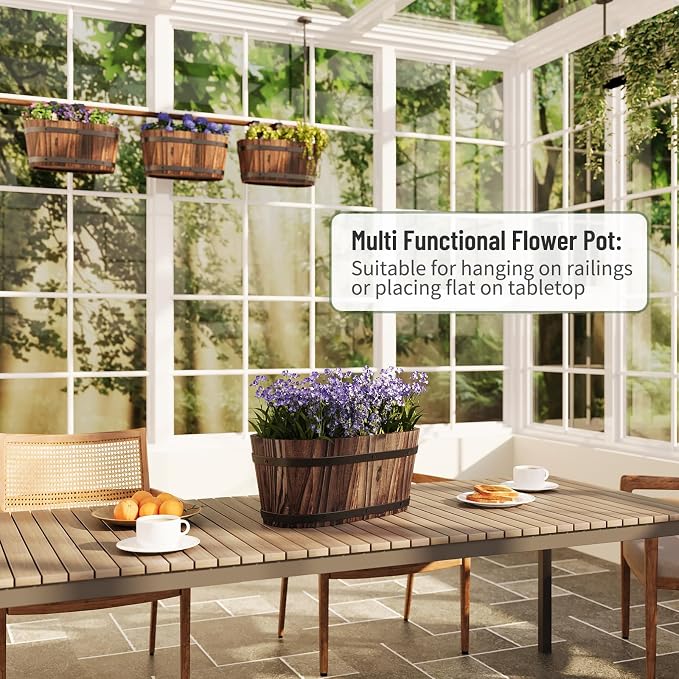 2-Pack Wooden Railing Planters, 13.2 inch Hanging Flower Pots with Detachable Hooks for Balcony, Fence, Deck, Garden, Country Home Decor -Carbonized