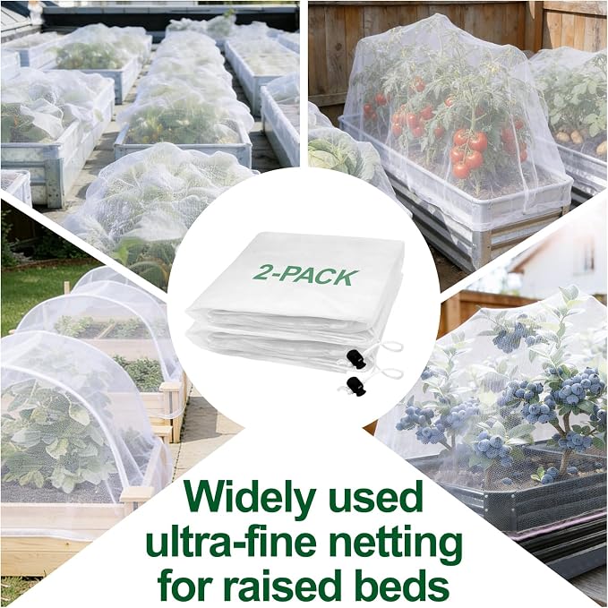 2 Pack Garden Netting for 8x4FT Raised Beds, Ultra-Fine Mesh Plant Covers with Drawstring, Bird, Pest & Small Animal Barrier for Vegetables, Fruits & Flowers