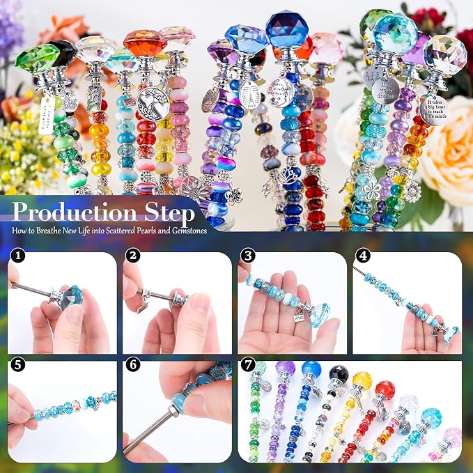 513Pcs DIY Beaded Garden Stakes, Fairy Wand Kit Garden Stakes Decorative with 18 Threaded Rod, Crystal Top, Large Holes Bead for Christmas Plants Garden Outdoor&Indoor Decorative(12IN)