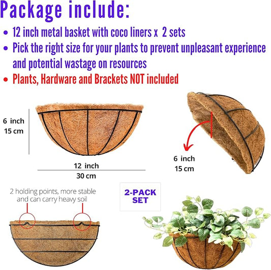 LaLaGreen Wall Hanging Planters (12 Inch, 2 Pack) Wall Mounted Flower Baskets with Coco Liner, Metal Iron Wire Plant Holder for Outdoor Window Box Herb Outside Fence Railing Deck Porch Balcony Garden