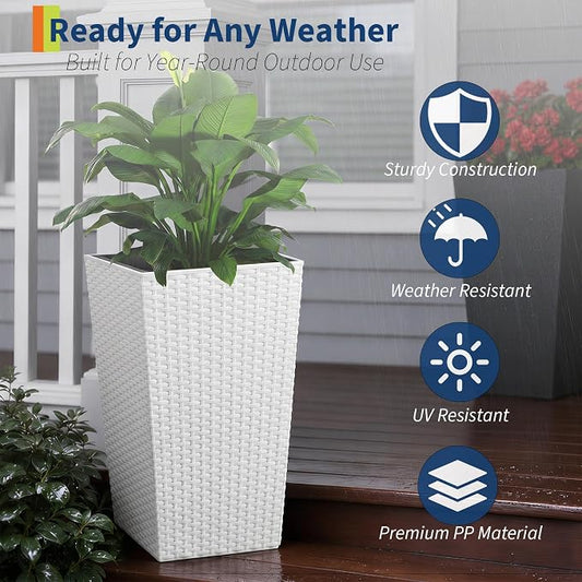Garvee 16 Inch Tall Planters Set of 4, Self Watering Planters for Outdoor Indoor Plants with Drainage & Water Level Indicator, Tall Flower Pots for Front Porch, Patio, Balcony & Entryway