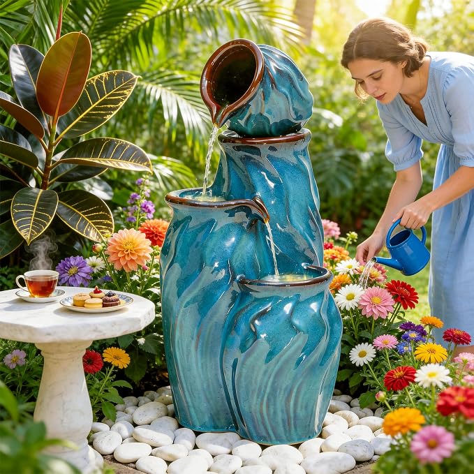 29" Ceramic Outdoor Fountain with Lights, 4-Tier Pots Waterfalls Patio Water Fountain, Tranquil Oasis for Relaxing Garden, Yard, or Porch Decor, Turquoise, Dynamic Wave-Texture