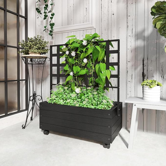 Outsunny Raised Garden Bed with Trellis and Wheels, Outdoor Wooden Elevated Planter Box, Freestanding Raised Flower Bed for Climbing Plants, Flowers, Herbs and Vegetables
