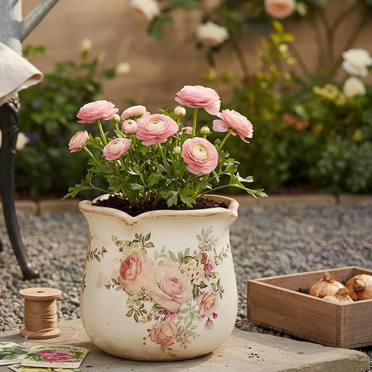 Xiaan Jiaju Ceramic Flower Vase, Rustic Farmhouse Vases & Planting Pots with Drainage, European Home Decor for Mantel Fireplace Bookshelf Wedding Centerpieces, Pink Rose Floral