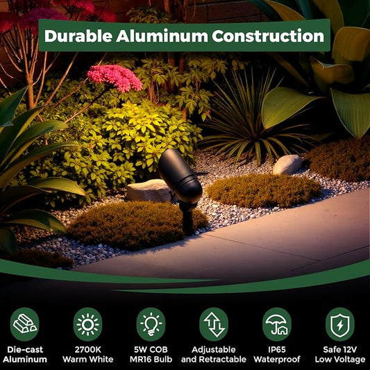 Gardencoin Low Voltage Landscape Spotlight, 12V LED Outdoor Landscape Lighting, Landscape Spot Lights Wired for Garden and Yard, Aluminum Up Lighting Fixture with 5W MR16 Replaceable Bulb (2 Pack)