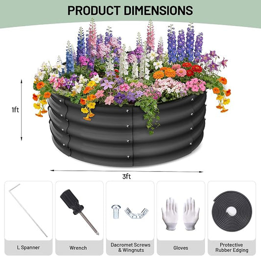 Garvee Galvanized Raised Garden Bed, 2Pcs Raised Garden Beds Outdoor, Round Planter Raised Beds with Gloves and Rubber Edge Trim for Vegetables, Flowers and Herbs, 3x3x1 FT, Dark Grey