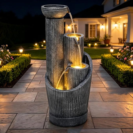 AUTODAYA 31" 5-Tier Twist Pedestal Outdoor Fountain LED Cascading Waterfall | geometric twist Pedestal Bowl design, fluted texture, patio garden, Backyard, Deck, or Porch