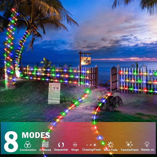 KNONEW Solar Rope Lights Outdoor 300LED 50FT Solar String Lights Outside Waterproof with Modes Clear Thin Tube for Pool Tree Patio Garden Fence Camping Yard Deck Trampoline(Multicolor)