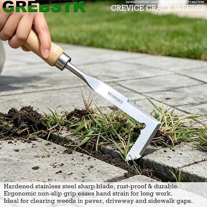 GREBSTK Crack Weeder Crevice Weeding Stainless Steel Sharp Lightweight Tool | Razor-Sharp Rust-Resistant L-Shaped Blade, Solid Beech Wood Non-Slip Handle, for Patio Cracks, Driveway Gaps, Walkway Edging