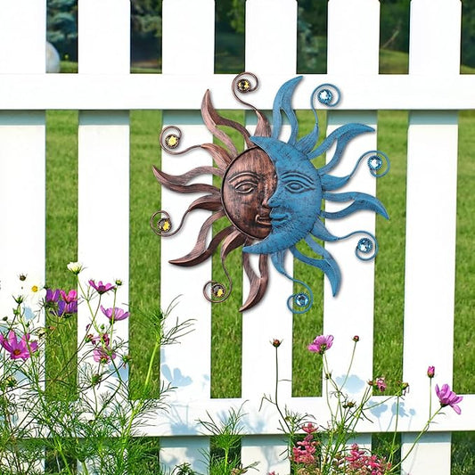 MUMTOP Metal Sun Moon Wall Decor, 13.26 Inch Outdoor Fence Wall Art, Hanging Decoration for Garden Yard Living Room Bedroom Patio Balcony