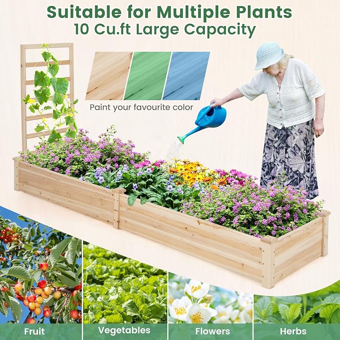 COSTWAY Raised Garden Bed with Trellis, Outdoor Wooden Planter Kit for Flowers, Herbs, Vegetables, Fruits & Climbing Vines, Elevated Garden Planter for Patio, 93" L x 25" W x 40" H