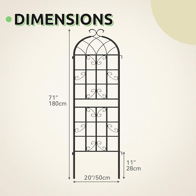 4-Pack 71" Black Metal Garden Trellises with Butterfly Design | Set of 4 black metal trellises with butterfly arch tops, scrollwork, spiked legs, and support for roses, vines, or veggies