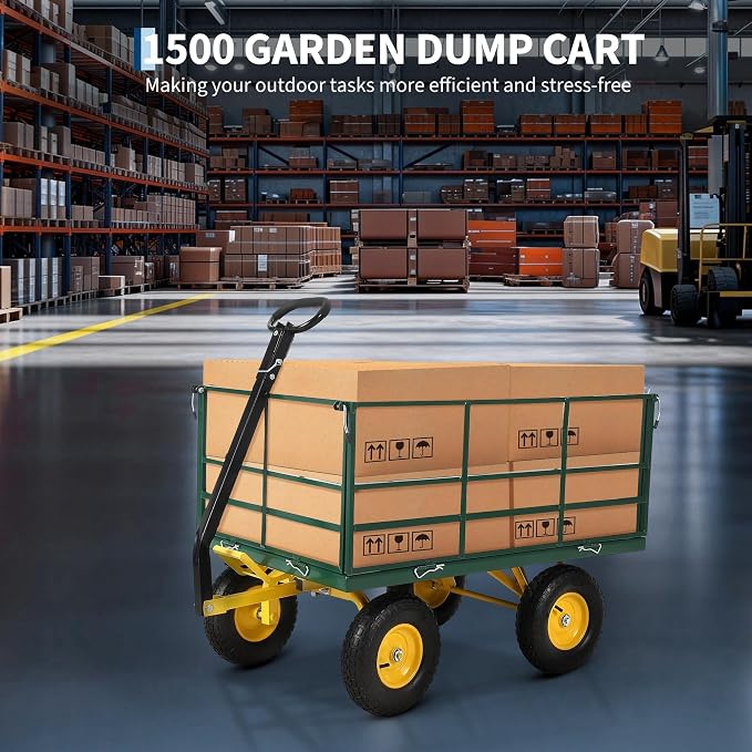Heavy Duty 1500 Lbs Capacity Mesh Steel Garden Cart Folding Utility Wagon with Removable Sides, Garden Cart on Wheels for Gardening Soil, Tools, and Plant Transport