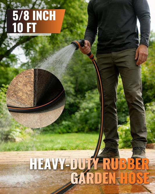 10FT x 5/8" Rubber Garden Hose, Heavy Duty Garden Water Hose, 300 PSI Working, 1000 PSI Burst, Swivel Handle with Stainless Steel Ring, 5-Layer Braided, All-Weather Outdoor Use, BG10GH06