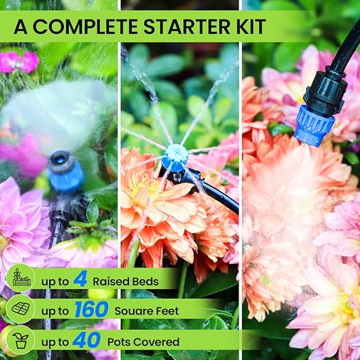Bonviee 247FT Drip Irrigation System, 50FT 5/16" Mainline, Quick Connect | 50FT 5/16" and 197FT 1/4" Tubing. Garden watering System for Raised Beds, Greenhouses. 70% Water Savings. GRS Certified.