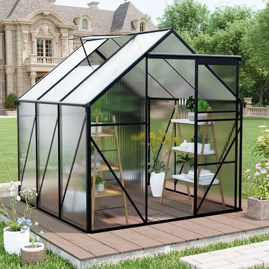 6x6 FT Greenhouse, Walk-in Polycarbonate Greenhouses with Sliding Doors, Aluminum Frame, Adjustable Roof Vent, Raised Base & Anchor, Outdoor Backyard Greenhouse for All Seasons, Black