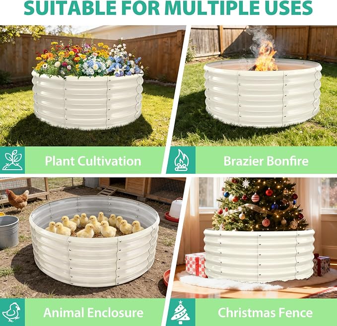 YSEJOMP 17" Tall 40" Diameter Round Raised Garden Bed Kits Outdoor White | 1.5 FT Tall,3.3FT Planter Bed for Flowers,Herbs,Vegetables,Trees,0.8MM Thick Galvanized Metal Painted,with Gloves,Tool free