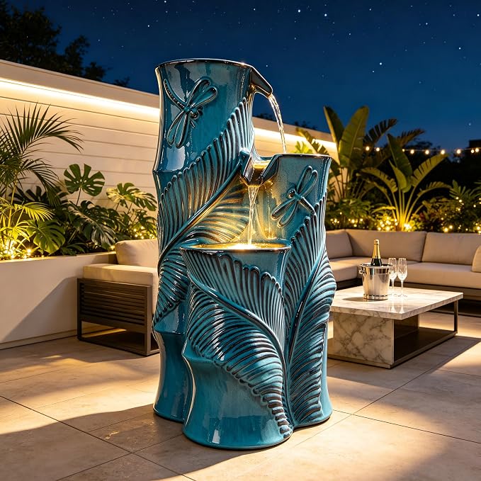 Autodaya Ceramic Outdoor Water Fountain with Lights, Turquoise Bamboo-Style | 3-Tier Cascading Waterfall, Natural Water Feature with Tropical Leaf, Dragonfly Texture, Soothing Oasis for Garden Patio Yard