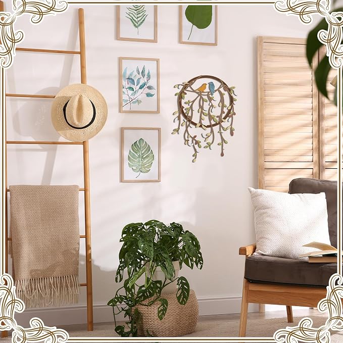 Ferraycle Metal Wall Art Bird on Tree Branch Silhouette with Drooping Vines Bird Art Decor Rustic Metal Spring Decor for Living Room Outdoor Garden Porch Wall Housewarming Party Gift(Classic Color)