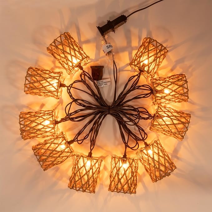 Decorative String Lights Plug in with 10 Incandescent Bulbs, Handwoven Rattan Cylinder-shaped Boho Lantern String Lights Connectable Weatherproof Outdoor Indoor for Bedroom Patio Pergola Decor (Beige)