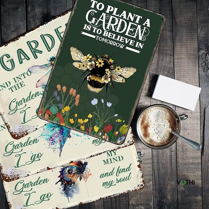 Bee Garden Sign,To Plant A Garden Is To Believe In Tomorrow,8x12 Inch | Aluminum Outdoor Patio Decor, Farmhouse Wall Decor, Kitchen Gardening Decor