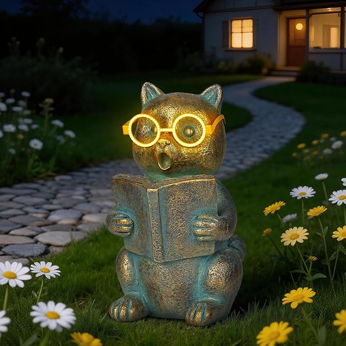 Solar Reading Cat Decor with Light-Up Glasses Patina Garden Statues | Resin Outdoor Animal Ornament for Patio Yard Porch, Birthday Housewarming Gifts for Women Cat Lovers