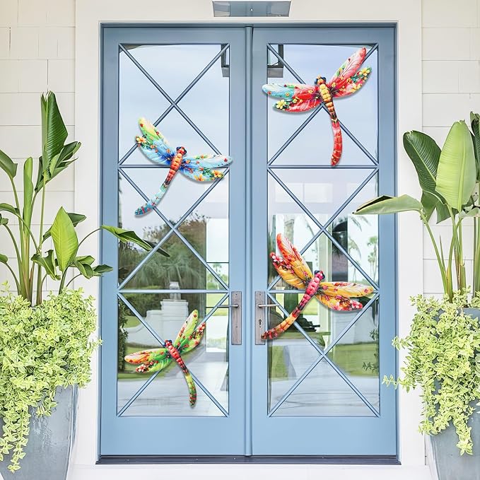 Junware Metal Dragonfly Wall Decor, 4Pcs Dragonfly Wall Art Sculptures Hanging Sculpture Decoration.Outdoor Fence Art for Home Garden, Fence, Patio, Yard, Bedroom Outside Gifts for Adults